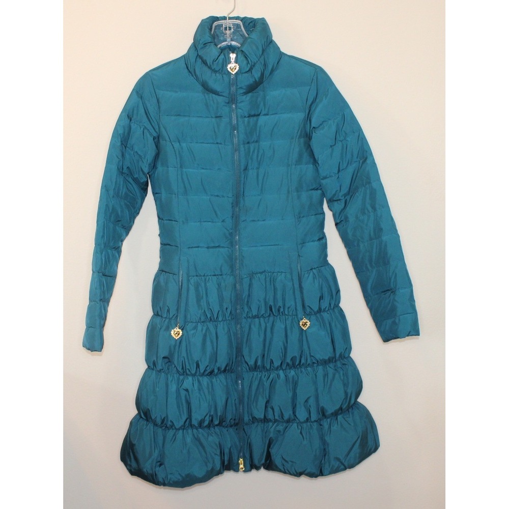 Betsey Johnson Puffer Coat XS teal blue down blend tiered bubble hem heart zip